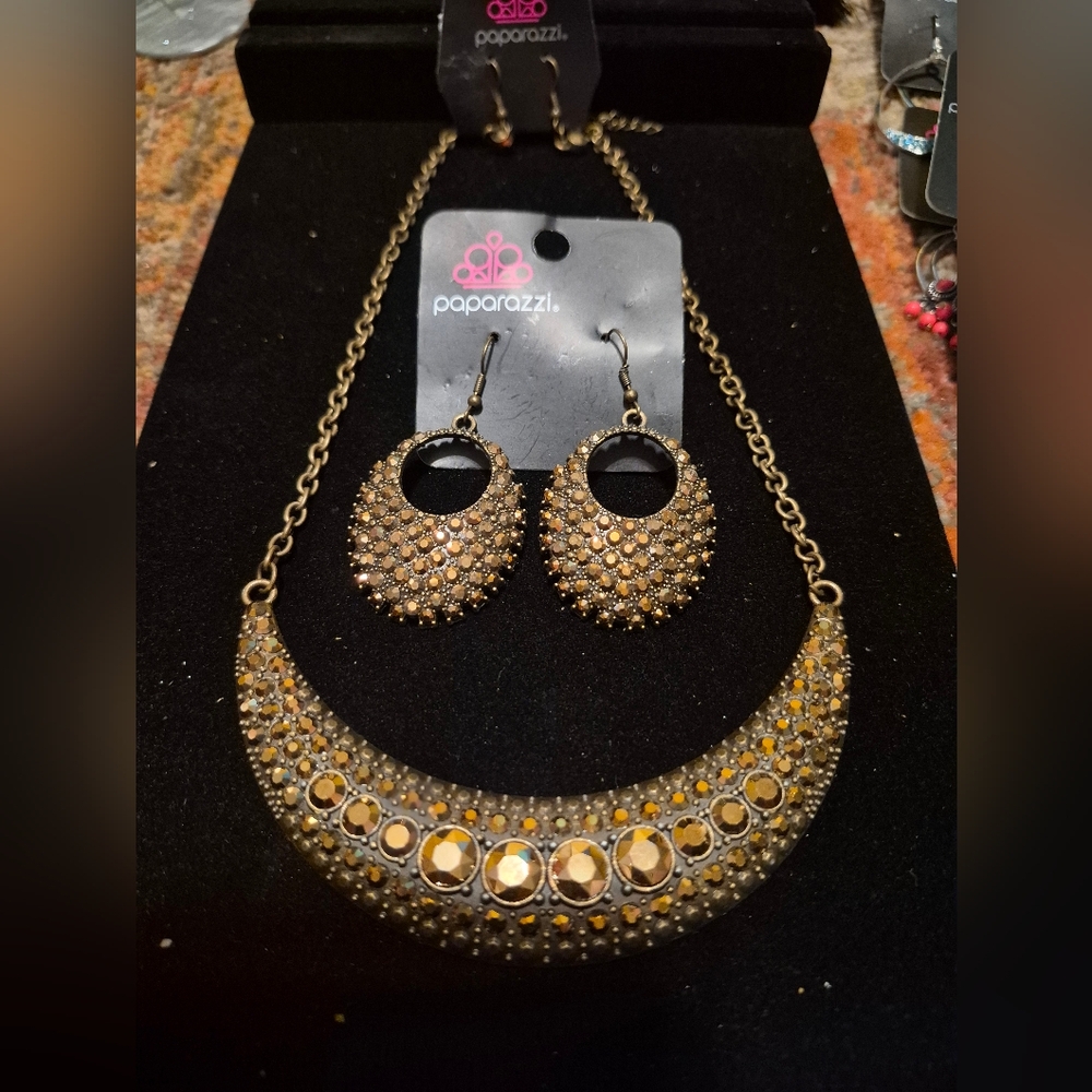 paparazzi Gold-Tone Amber Crystal Crescent Necklace & Earrings Set